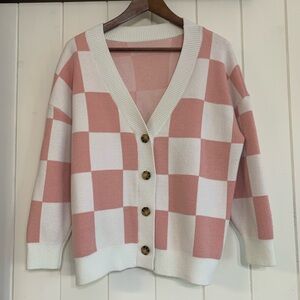 Pink and White Checkered Women's Sweater